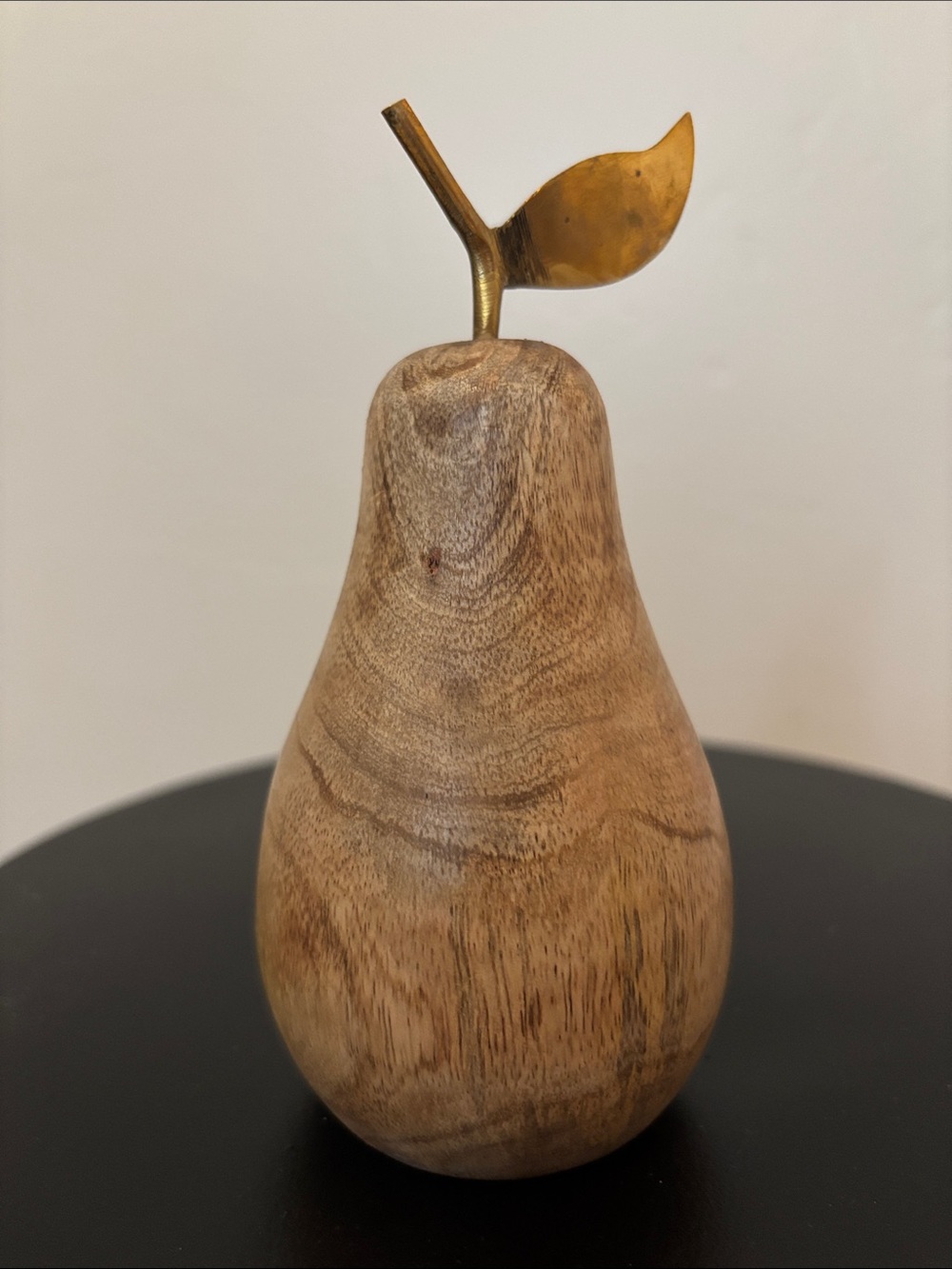 Wooden Decorative Pear with Brass Stem and Leaf - Natural Wood